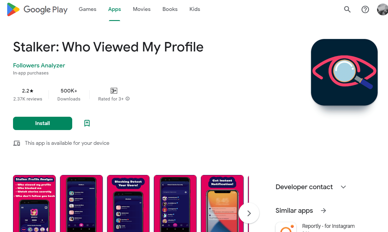 Penguntit yang Melihat aplikasi Profil Saya di Play Store