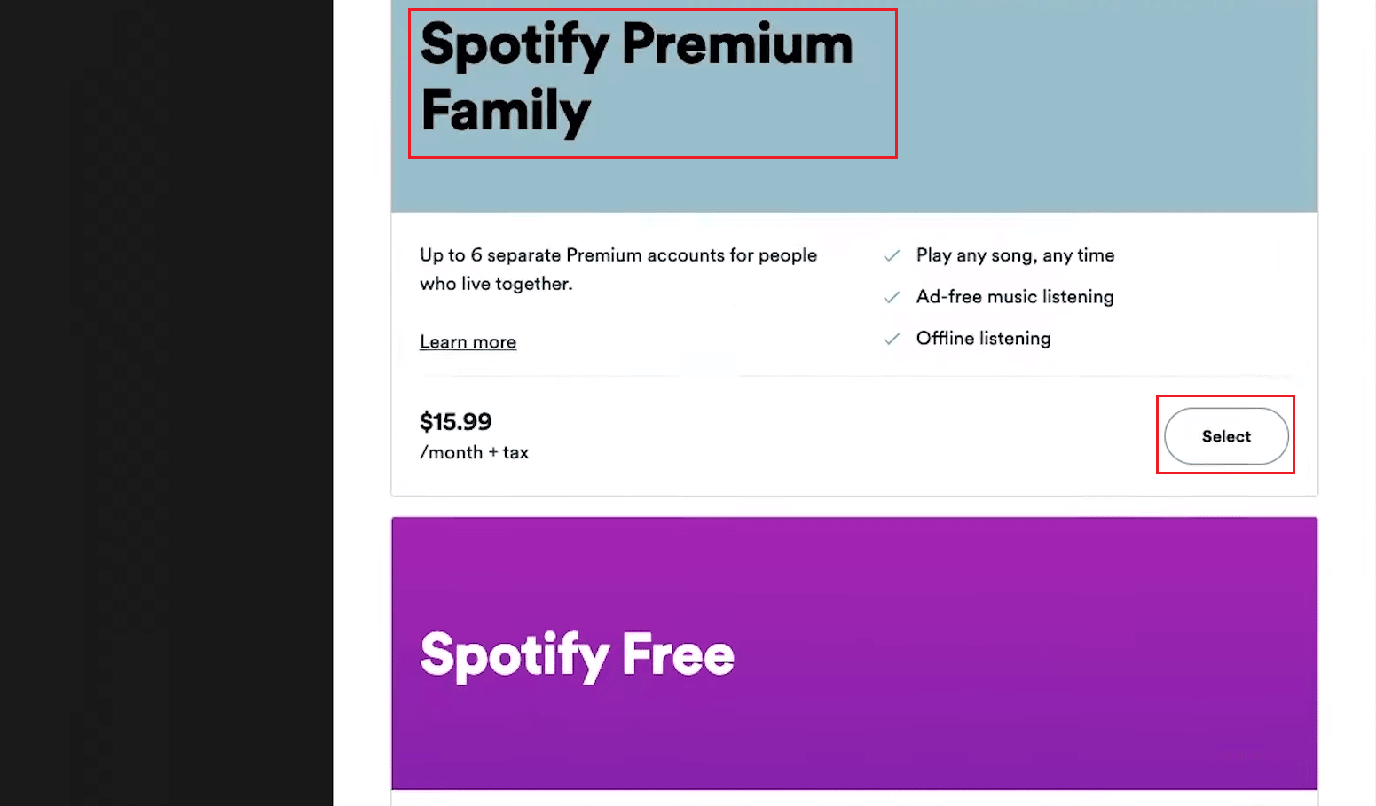 Desplácese hacia abajo y haga clic en Seleccionar para el plan familiar Spotify Premium