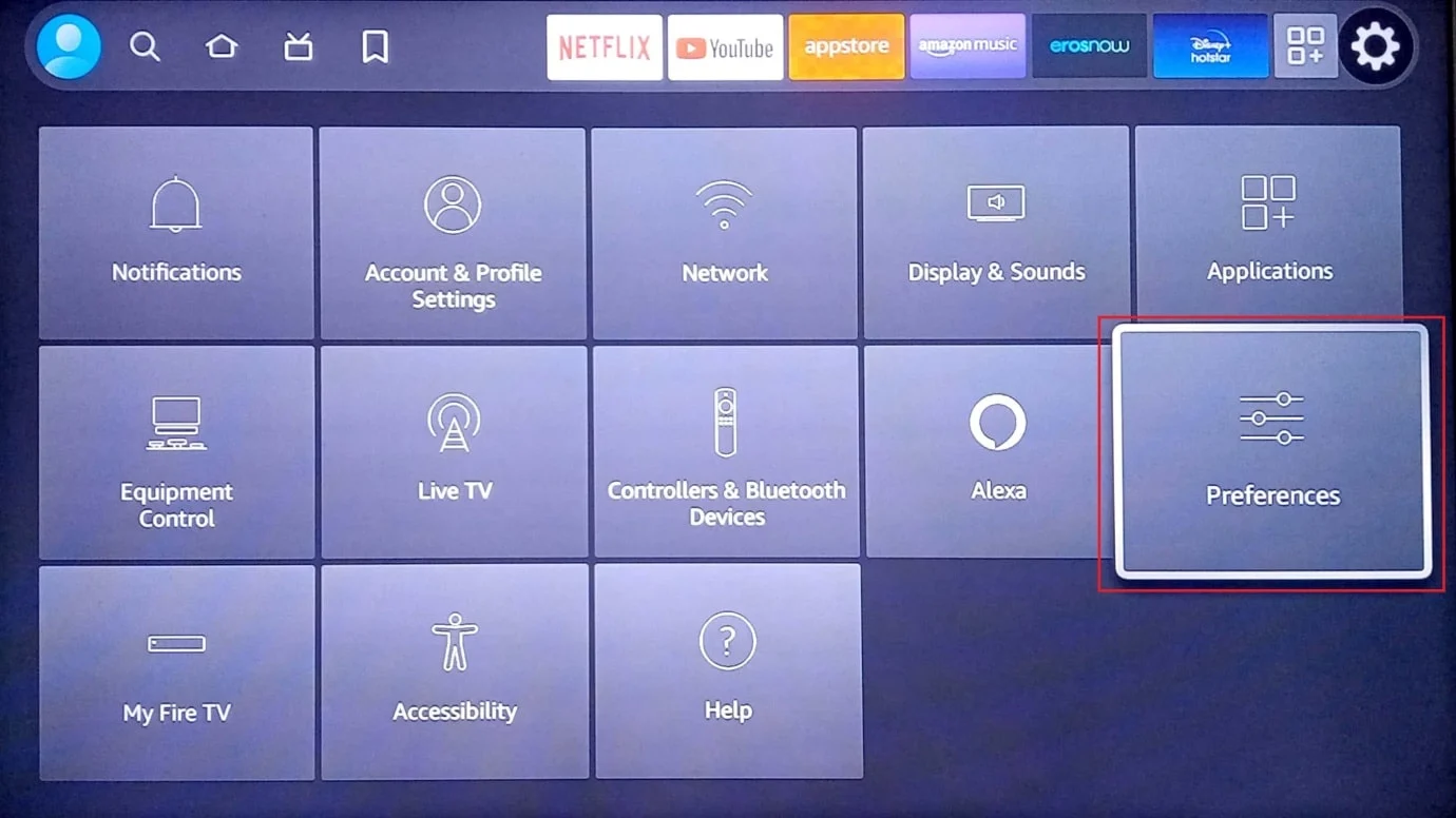 нажмите на предпочтения. Исправить проблему с медленной работой Amazon Fire Stick