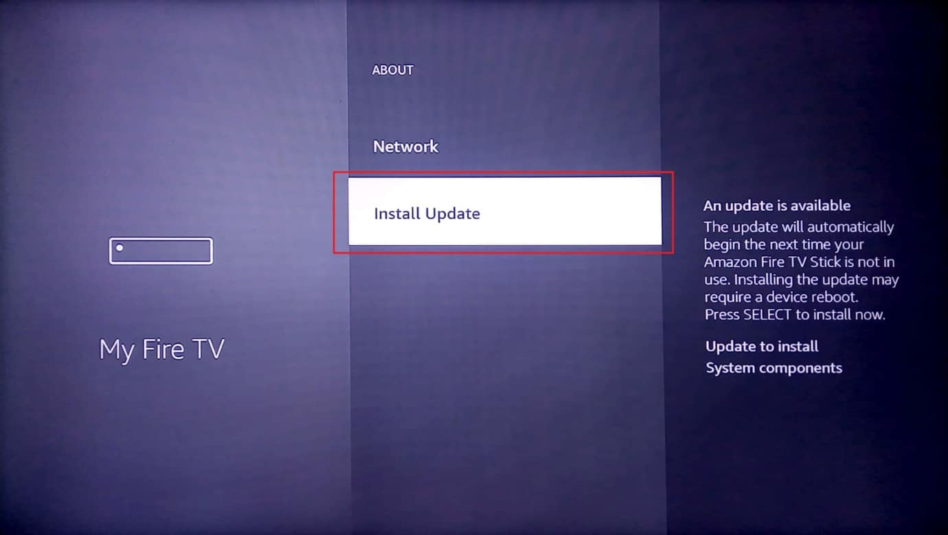 apăsați pe instalare actualizare. Remediați problema lentă a Amazon Fire Stick