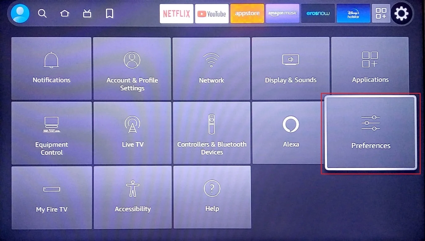 нажмите на предпочтения. Исправить проблему с медленной работой Amazon Fire Stick