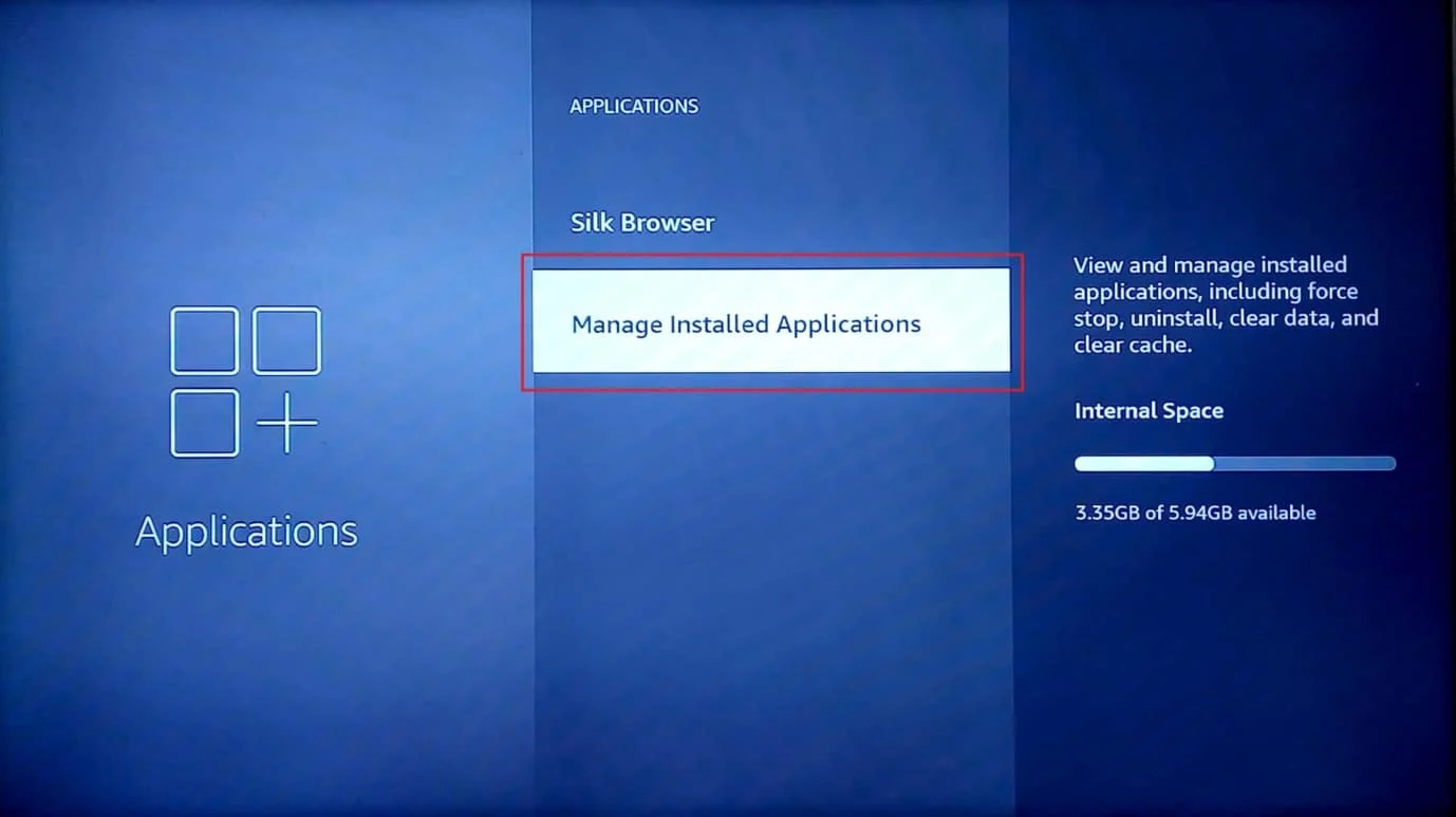 Wählen Sie installierte Anwendungen verwalten. wie man die Leistung von Firestick verbessert