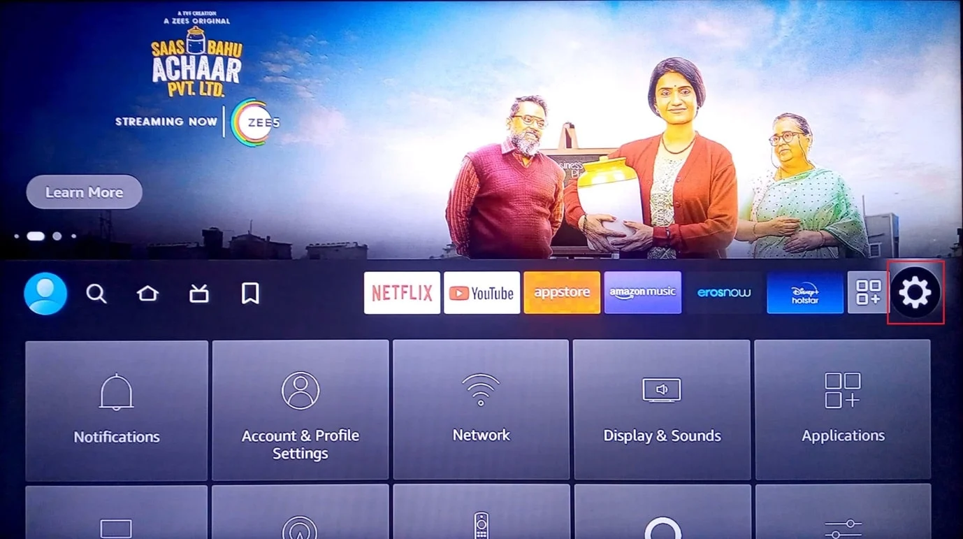 configurações na tela inicial. como melhorar o desempenho do Firestick