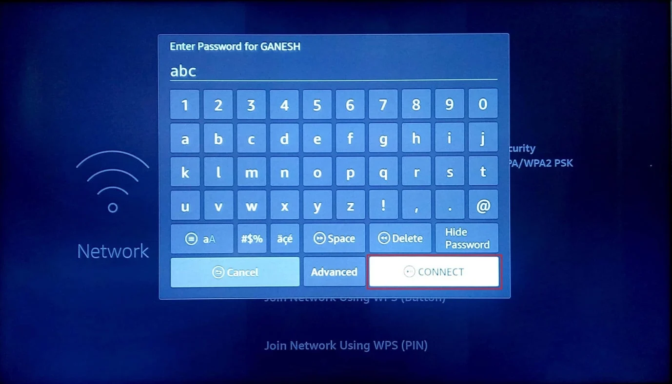 premere su Connetti dopo aver inserito la password corretta. Risolvi il problema con Amazon Fire Stick Slow