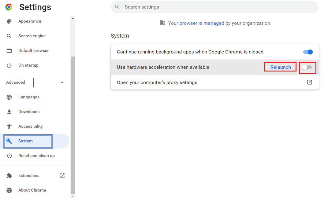 切换可用时使用硬件加速选项，然后单击重新启动按钮。修复 Google 幻灯片中的视频错误 5