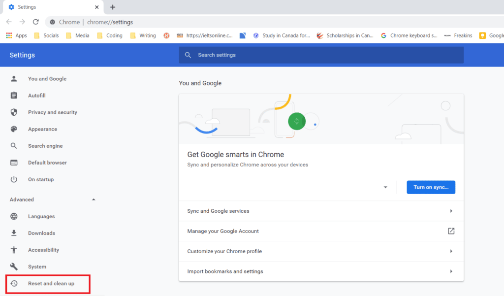 réinitialiser et nettoyer le menu dans les paramètres de chrome