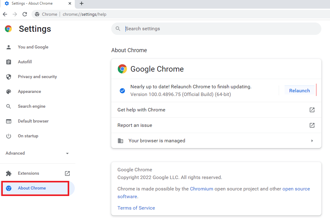 คลิกที่แท็บเกี่ยวกับ Chrome ใต้ส่วนขั้นสูง