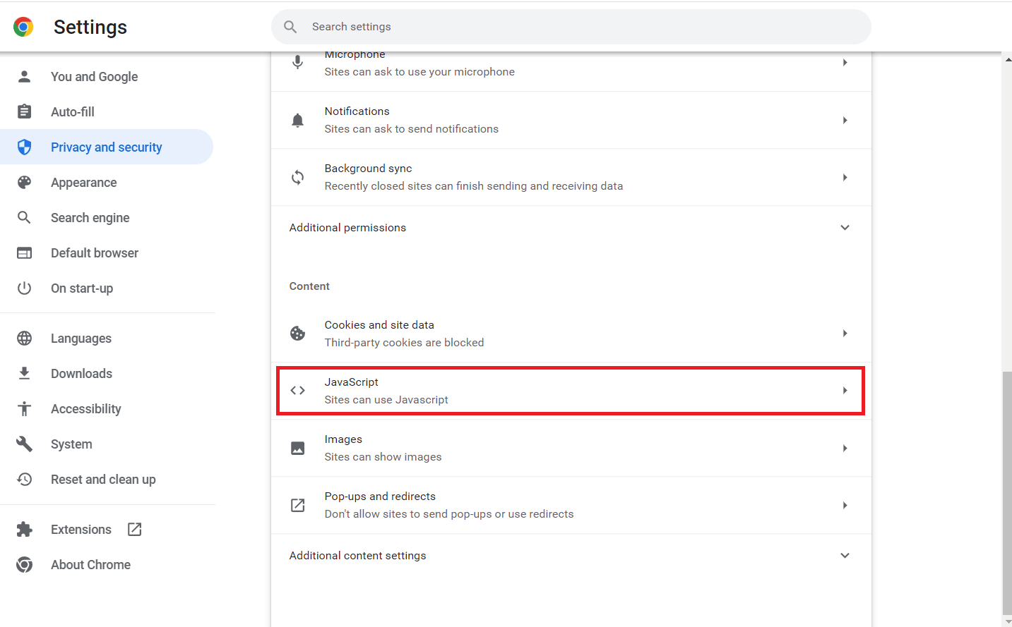 JavaScript Configuración del sitio Privacidad y seguridad Chrome