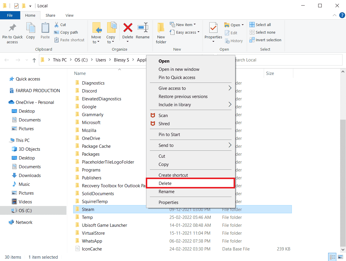 haga clic derecho en la carpeta Steam y elimínelo. Solucionar el error fatal de riesgo de lluvia en la acción número 1