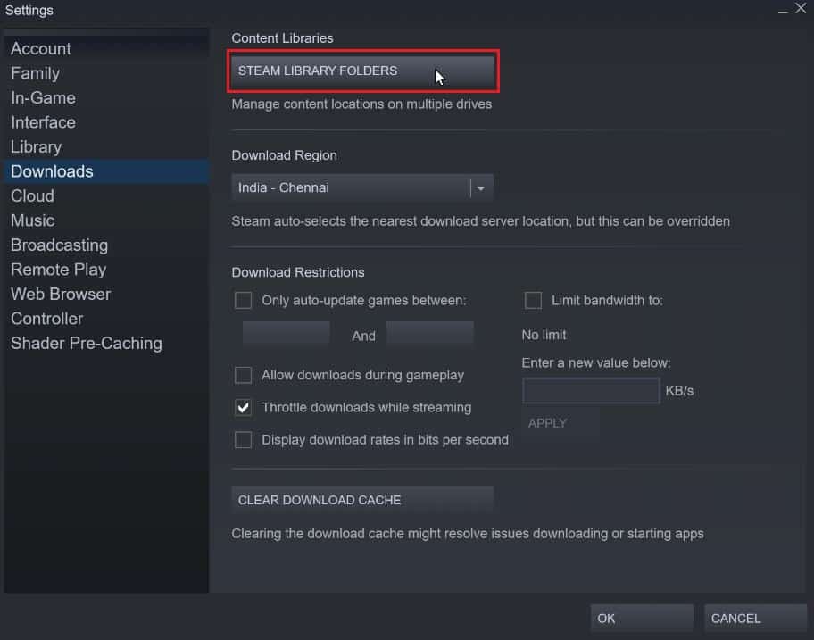 fare clic su STEAM LIBRARY FOLDERS per aprire lo storage manager. Correzione dell'errore fatale del rischio di pioggia nell'azione numero 1