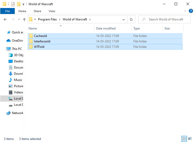 เปลี่ยนชื่อโฟลเดอร์เป็นบางอย่างเช่น Cacheold Interfaceold WTFold ตามลำดับ แก้ไขข้อผิดพลาด WOW51900314 ใน Windows 10