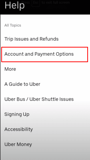 ヘルプオプションメニューの下で、アカウントと支払いオプションをタップします。