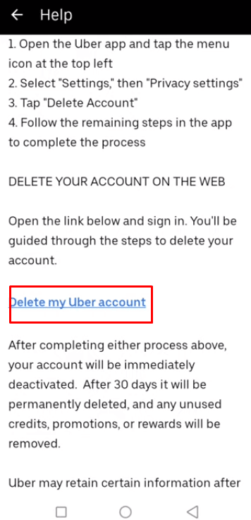 Ora scorri verso il basso la pagina dei termini e condizioni, per individuare Elimina il mio account Uber e toccalo.