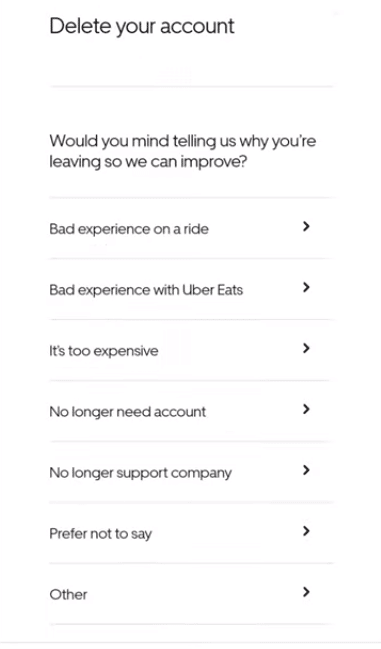 seleziona o inserisci il motivo per cui hai eliminato il tuo account Uber