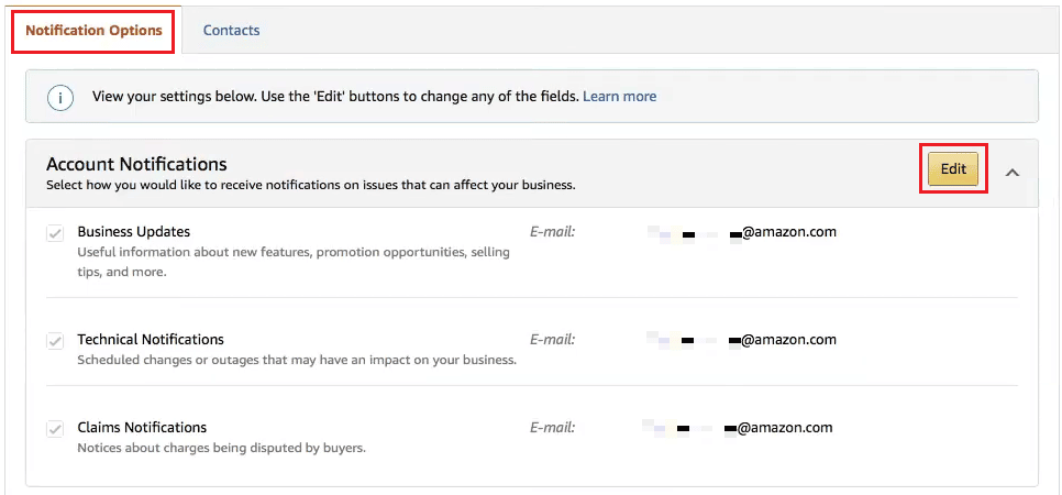 paramètres de messagerie sous Options de notification - Modifier