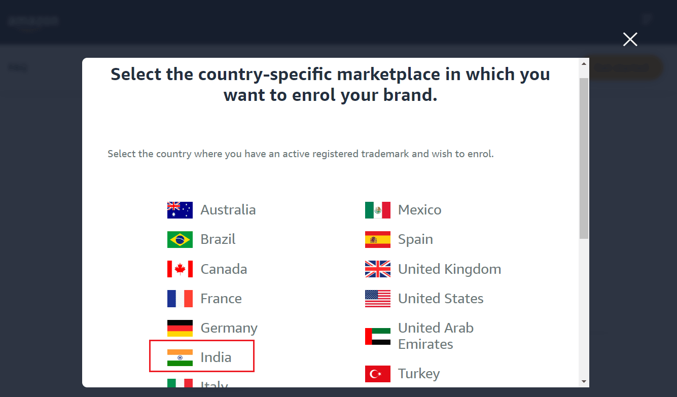 Pazar yerinizin ülkesini seçin. Burada Hindistan'ı seçtik | Amazon Onayı Gerekiyor Ne Demektir?