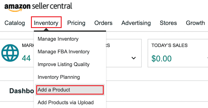 Klicken Sie auf der Startseite Ihres Verkäuferkontos auf Inventar – Produkt hinzufügen