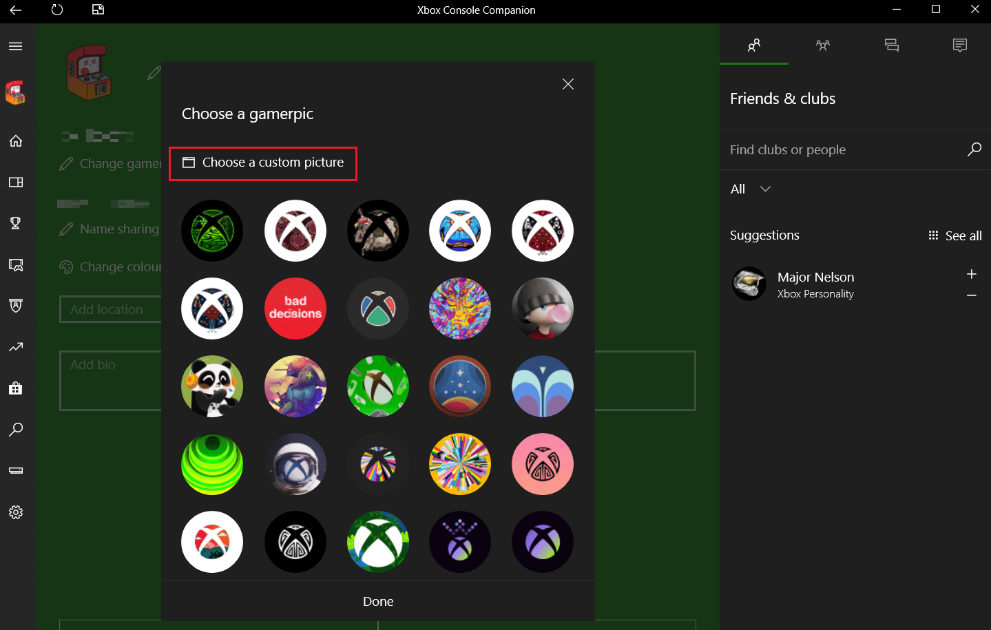 clicca su Scegli un'immagine personalizzata | Come modificare l'immagine del profilo sull'app Xbox | non è possibile personalizzare Xbox Gamerpic