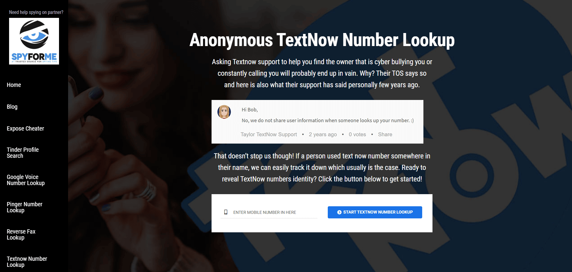 Accédez à l'outil Anonymous TextNow Number Lookup sur un navigateur.