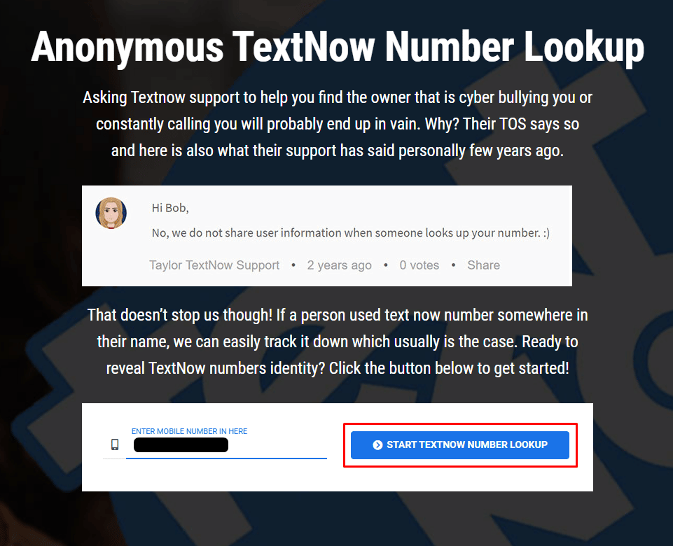 单击开始 TextNow 号码查找。