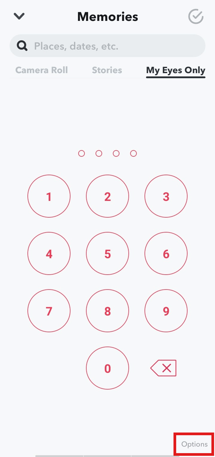 Toque Opciones en la parte inferior derecha de la pantalla. | Cómo eliminar solo mis ojos en Snapchat