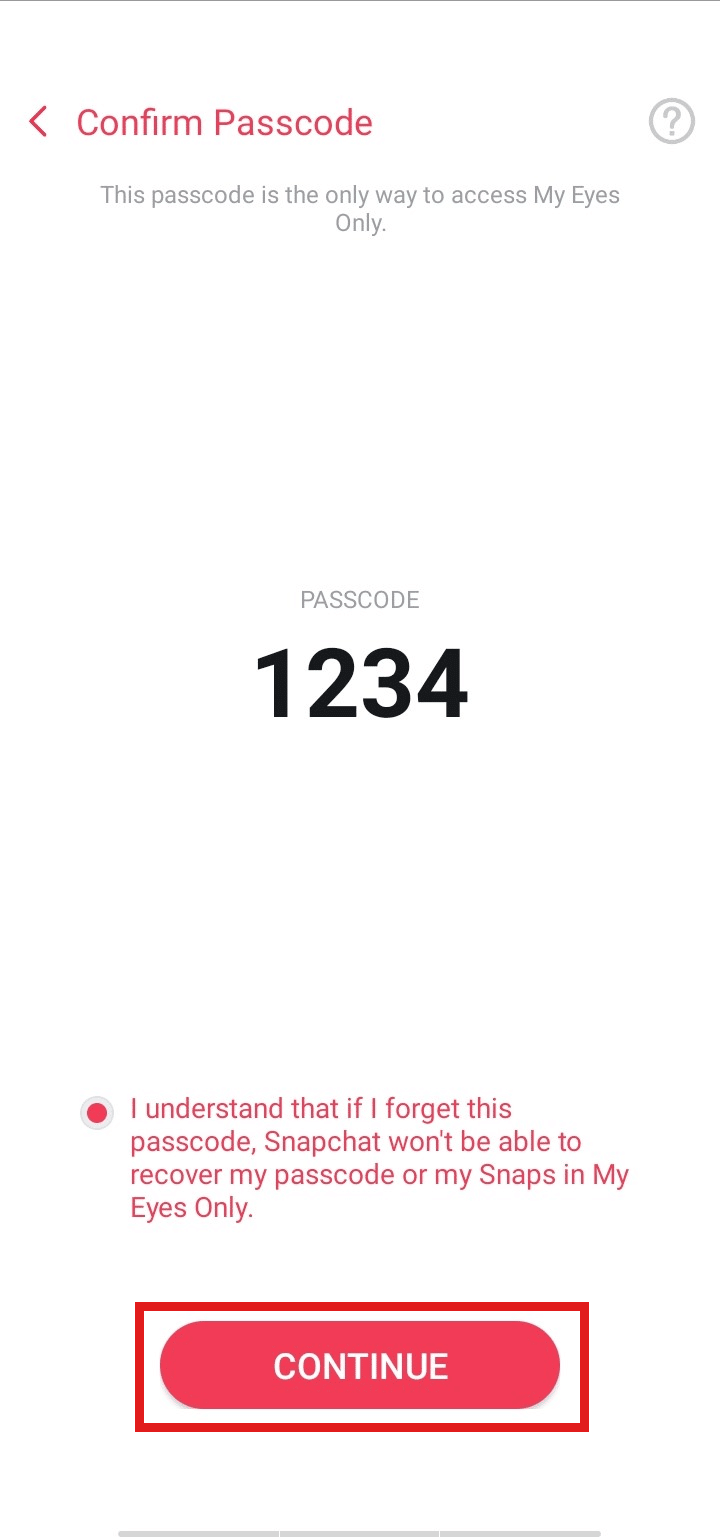 Acepte la condición y toque CONTINUAR. | Cómo eliminar solo mis ojos en Snapchat