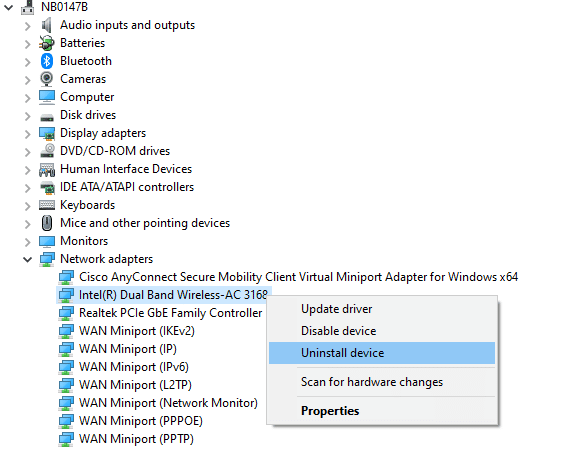 clique com o botão direito do mouse no driver e selecione Desinstalar dispositivo