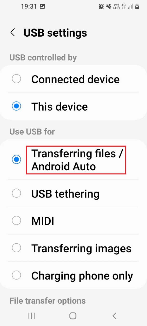 Atingeți opțiunea Transferare fișiere sau Android Auto. Remediați transferul fișierelor USB Android nu funcționează în Windows 10