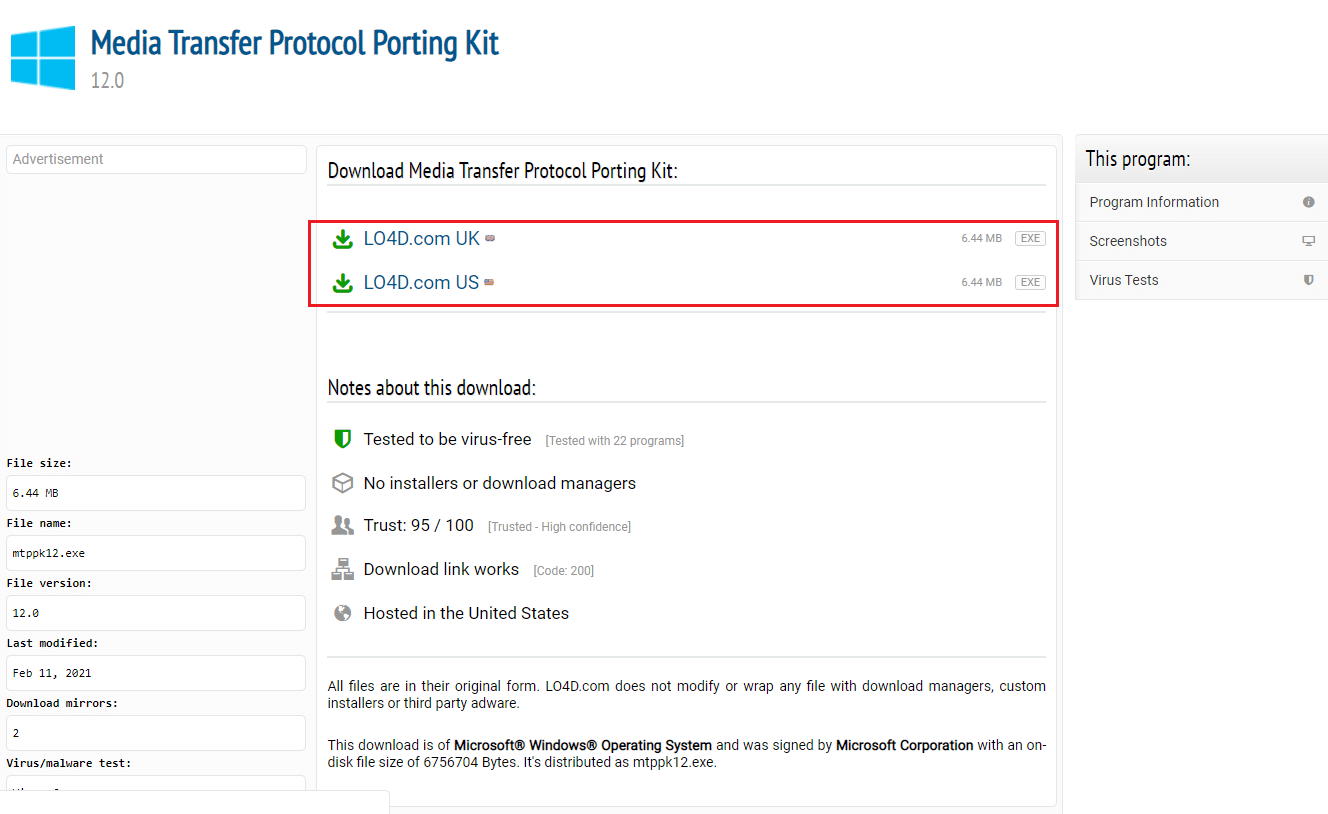 ดาวน์โหลด Media Transfer Protocol porting kit