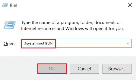 sstemroot INF ในกล่องโต้ตอบการเรียกใช้ แก้ไข Android USB File Transfer ไม่ทำงานใน Windows 10