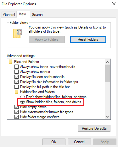 Pilih Tampilkan folder dan drive file tersembunyi