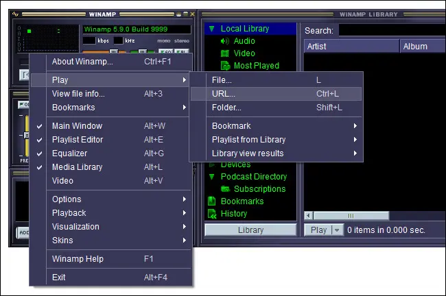 une image montrant comment sélectionner la source de lecture dans Winamp.