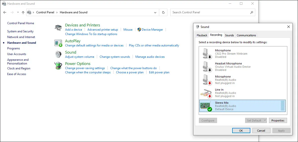 Windows kontrol panelini ve ses menüsünü gösteren bir resim.