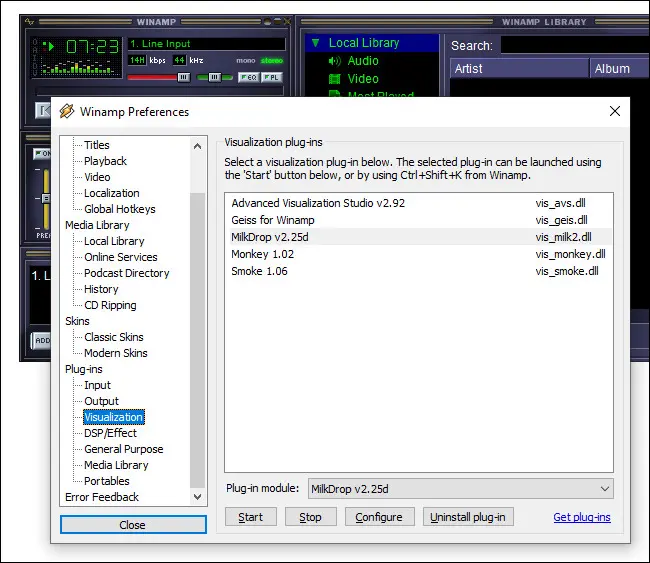 una imagen que muestra el menú de selección de visualización de Winamp.