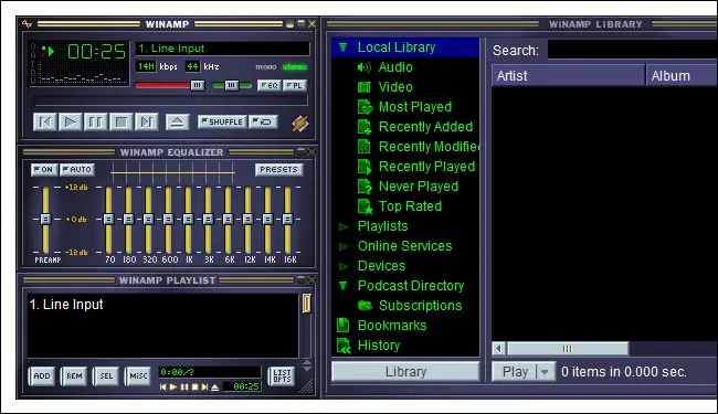 Winamp のメイン ウィンドウでの単純な再生の視覚化を示す画像。