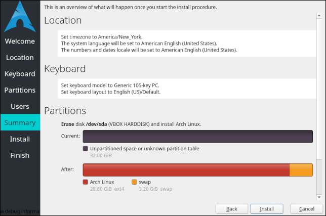Ekran podsumowania instalatora Arch Linux Calamares
