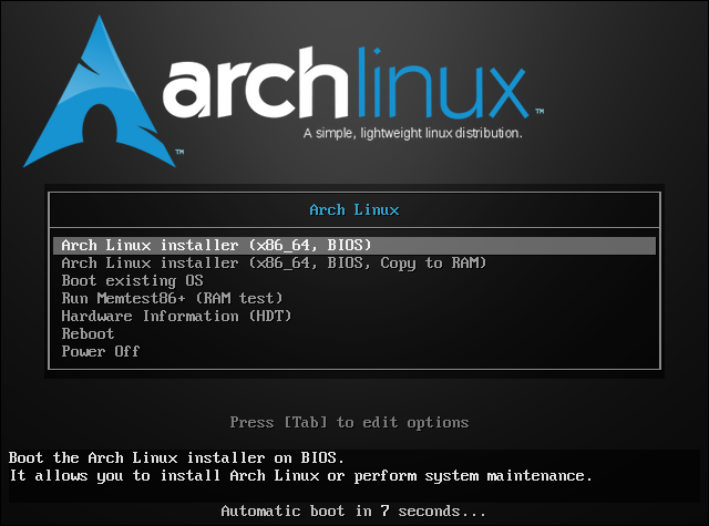 Menú principal del instalador de Arch Linux