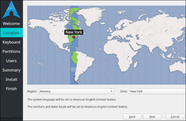 A tela de localização do instalador do Arch Linux Calamares