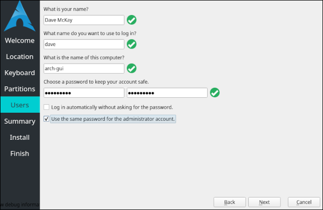 La pantalla de detalles del usuario del instalador de Arch Linux Calamares