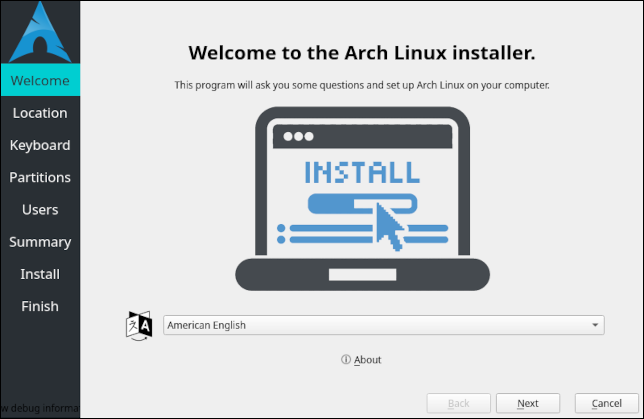 La primera pantalla del instalador de Arch Linux Calamares