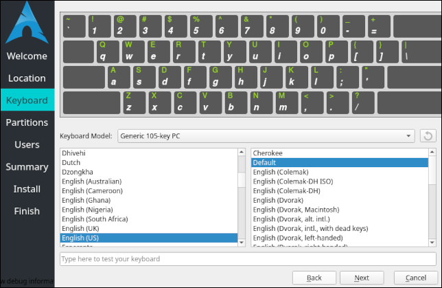 L'écran de disposition du clavier du programme d'installation d'Arch Linux Calamares