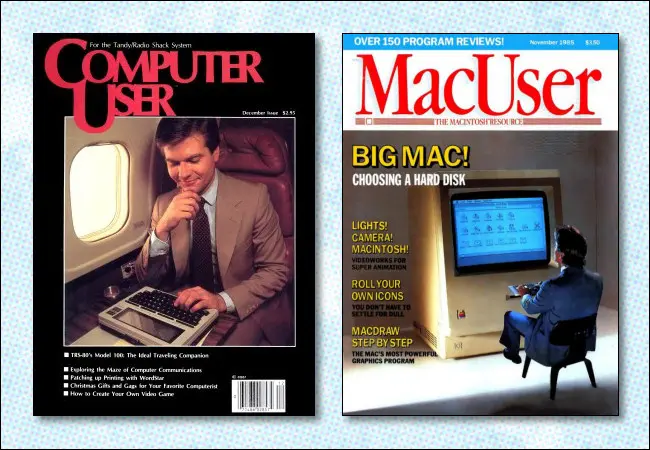 Titelseiten der Zeitschriften Computer User und MacUser von 1983 und 1985.