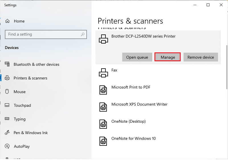 Wählen Sie Ihren Drucker aus und klicken Sie auf Verwalten. Beheben Sie langsames Drucken im Netzwerk in Windows 10