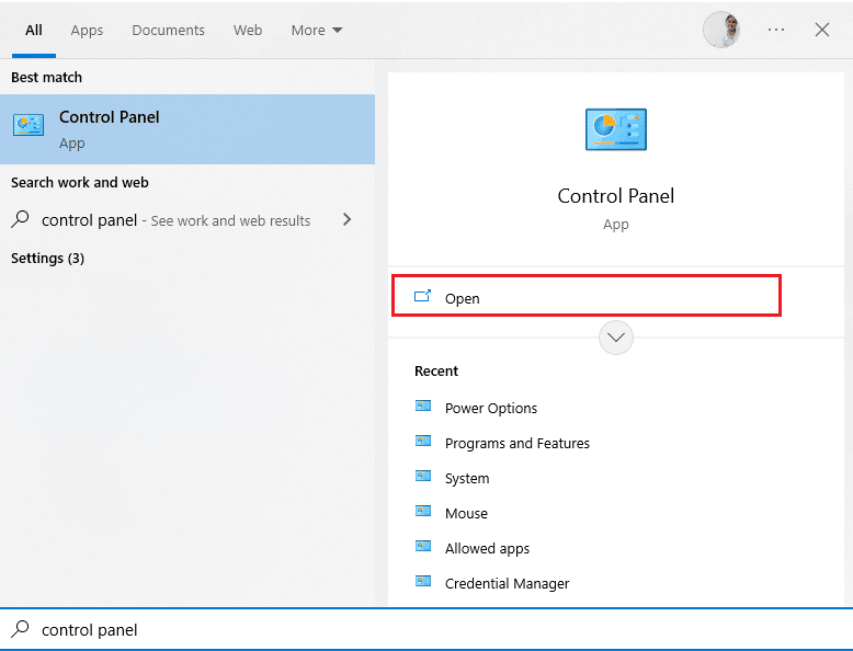 abra o painel de controle