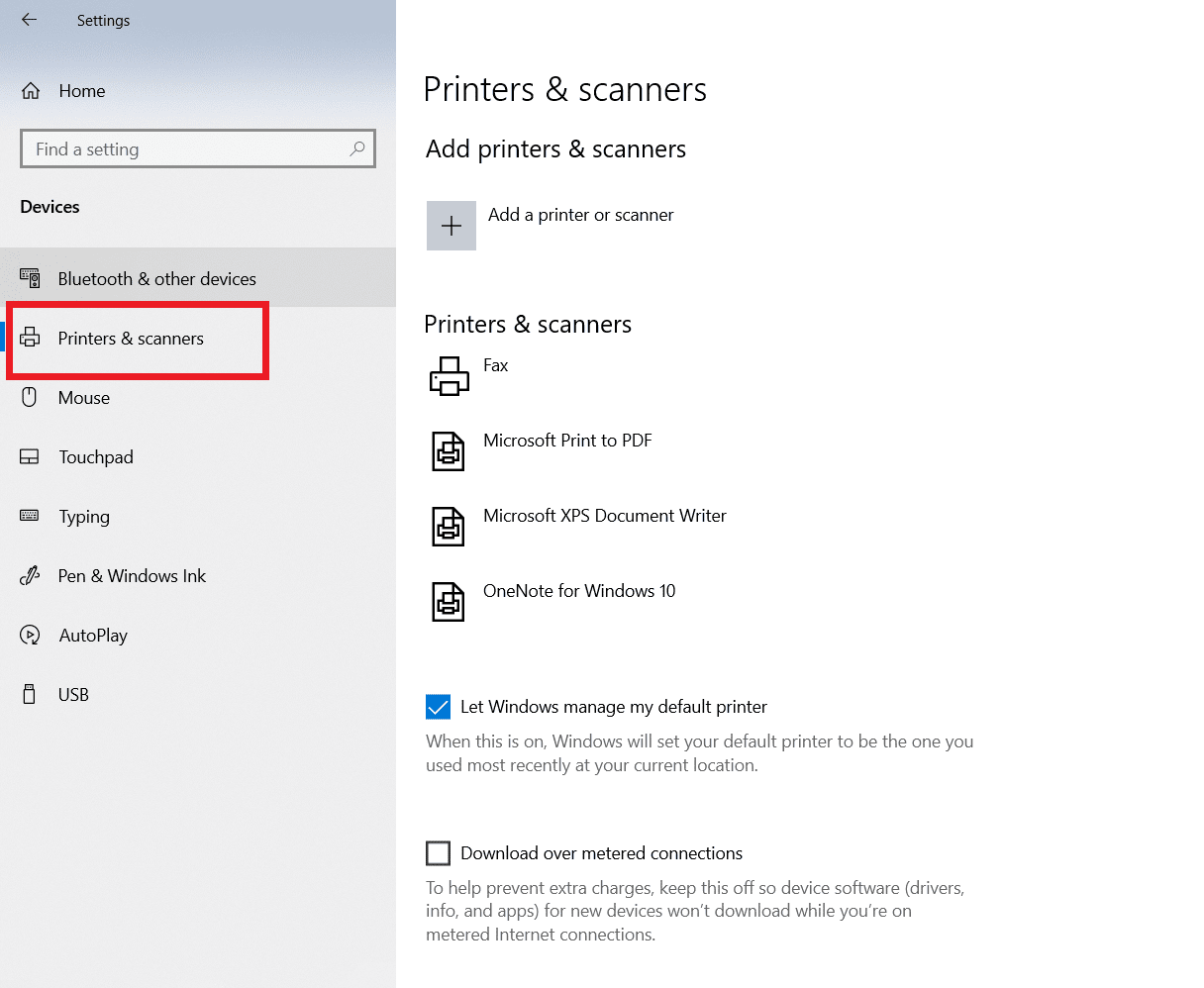 Wählen Sie Drucker und Scanner aus. Beheben Sie langsames Drucken im Netzwerk in Windows 10