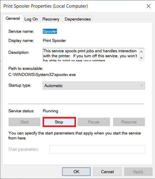 Klicken Sie auf die Schaltfläche Stop, um den Dienst anzuhalten. Beheben Sie langsames Drucken im Netzwerk in Windows 10