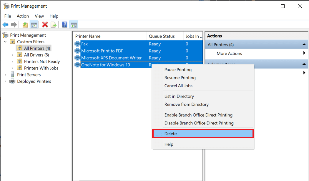 انقر بزر الماوس الأيمن فوق أي طابعة وحدد حذف. إصلاح الطباعة البطيئة على الشبكة في نظام التشغيل Windows 10