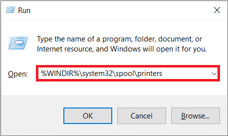 Escriba WINDIR system32 spool printers en el cuadro de comando y presione OK