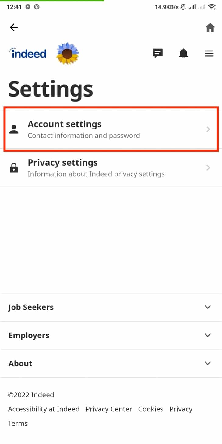 アカウント設定をタップします。 Indeed アカウントを完全に削除する方法
