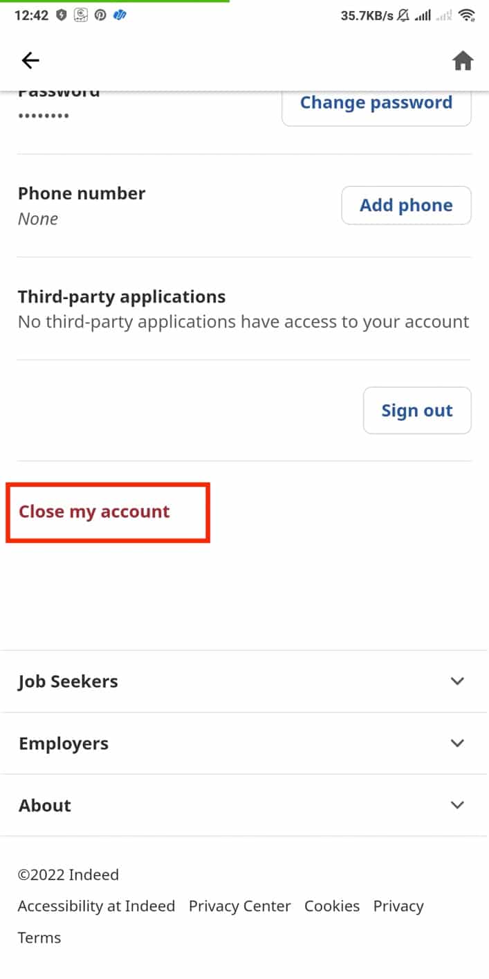 toca cerrar mi cuenta. Cómo eliminar una cuenta de Indeed de forma permanente